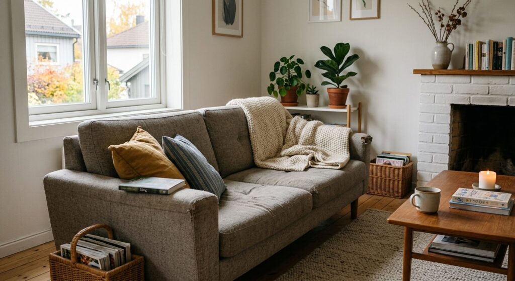 Velholdt sofa i skandinavisk stueindretning med naturligt lys