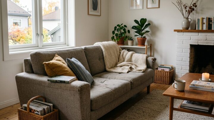 Velholdt sofa i skandinavisk stueindretning med naturligt lys