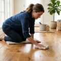 Person pudser træ gulv med blød klud i lysindfaldende stue for optimal vedligeholdelse