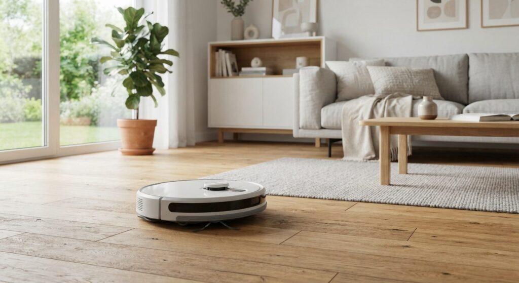 Robotstøvsuger der rengør gulvet i en lys stue som eksempel på valg mellem robotstøvsuger eller traditionel støvsuger