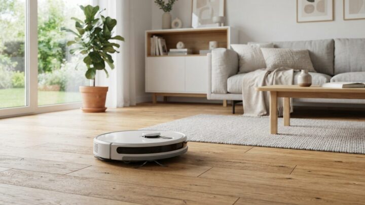 Robotstøvsuger der rengør gulvet i en lys stue som eksempel på valg mellem robotstøvsuger eller traditionel støvsuger