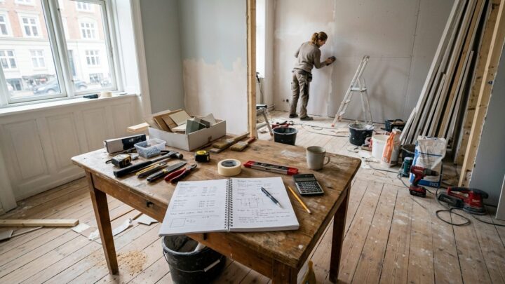 Renoveret stue med værktøj og budgetplan der illustrerer udgifter ved boligrenovering