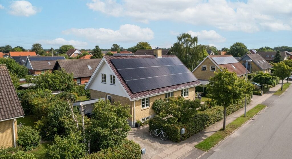 Solcellepaneler monteret på tag af parcelhus i dagslys