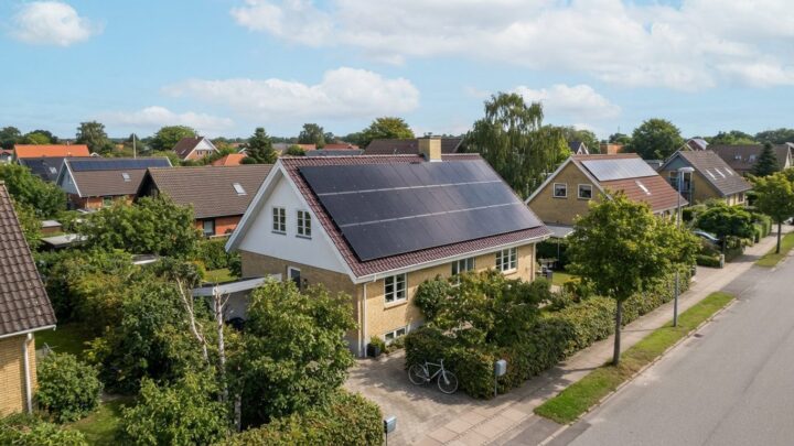 Solcellepaneler monteret på tag af parcelhus i dagslys