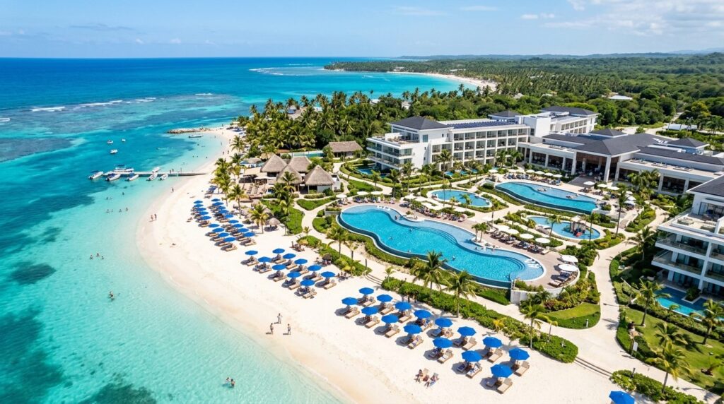 Aerial view of a luxurious all-inclusive resort with swimmin