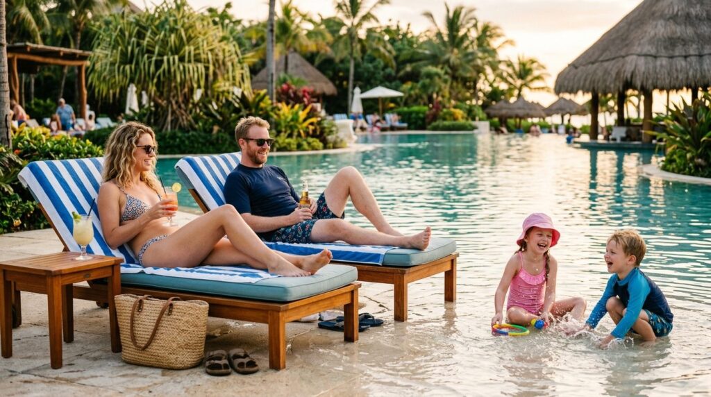 Close-up of a family of four relaxing by the pool at their r