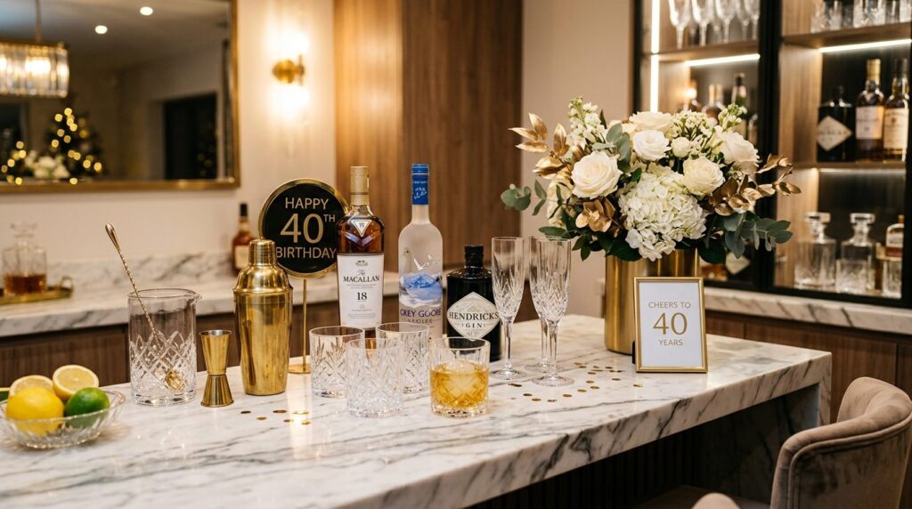 Close-up of an upscale home bar setup for a milestone birthd