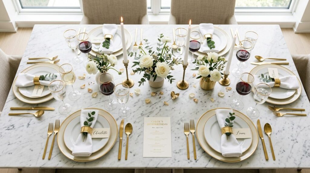 Overhead flat-lay photograph of a luxurious birthday table s