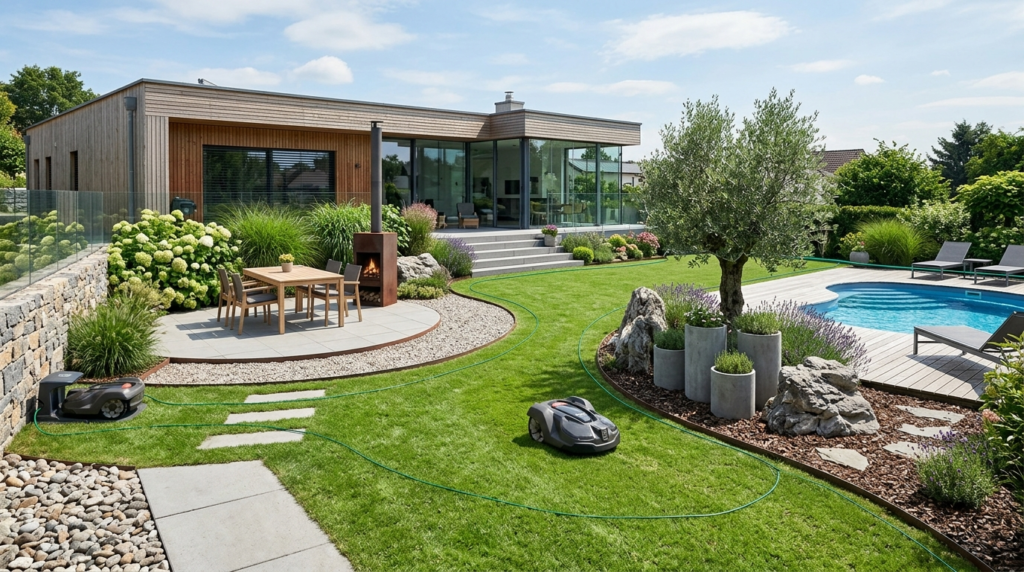 Wide angle photorealistic shot of a complete robotic lawn mo