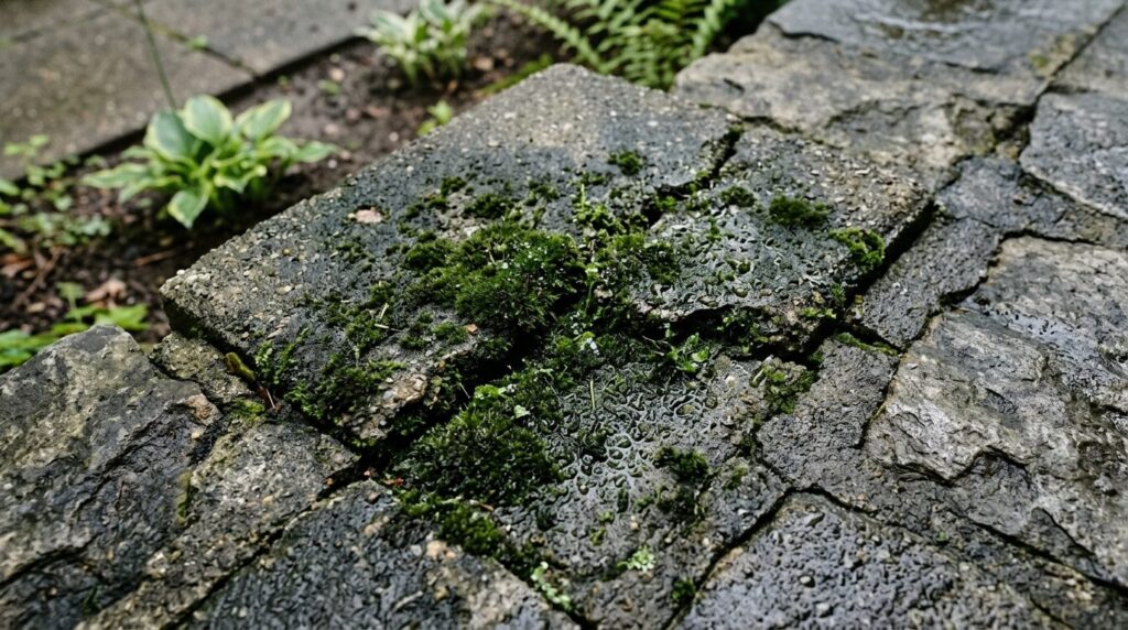 Close-up detail shot of dark green algae and moss growing on