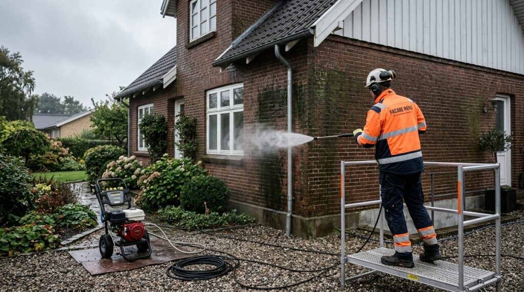 Professional exterior maintenance scene: skilled worker in s