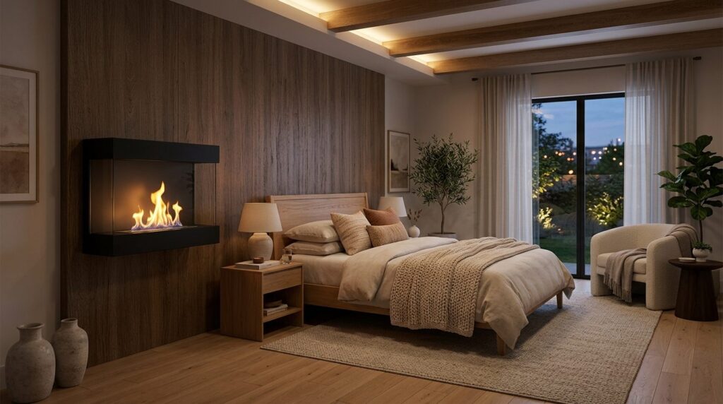 Stylish bedroom with wall-mounted bioethanol fireplace creat