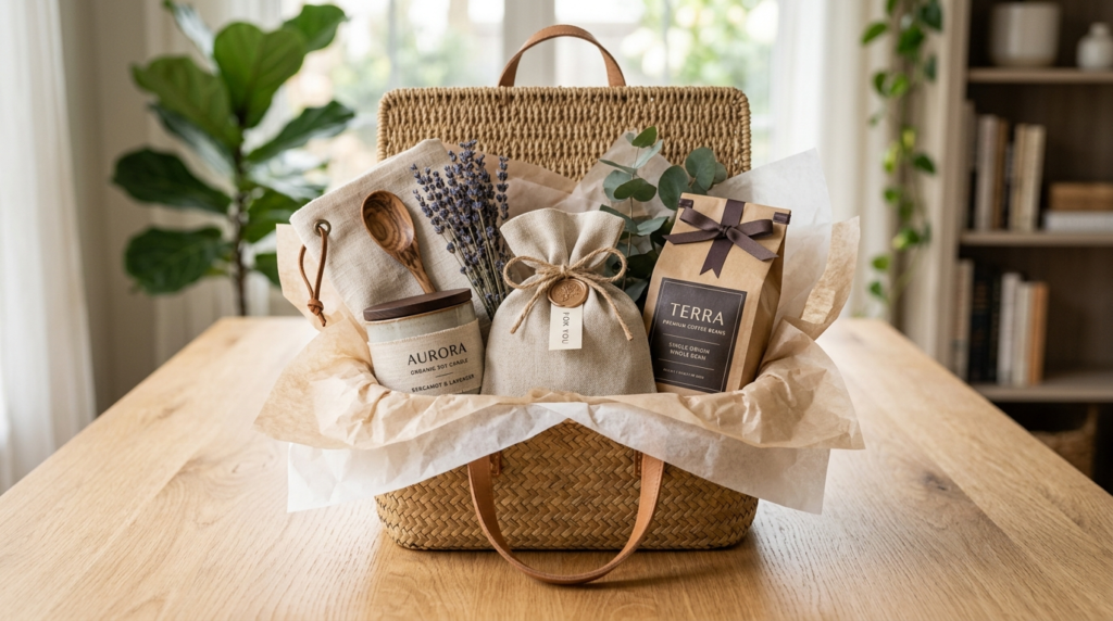 Styled product photography of an open luxury gift basket wit