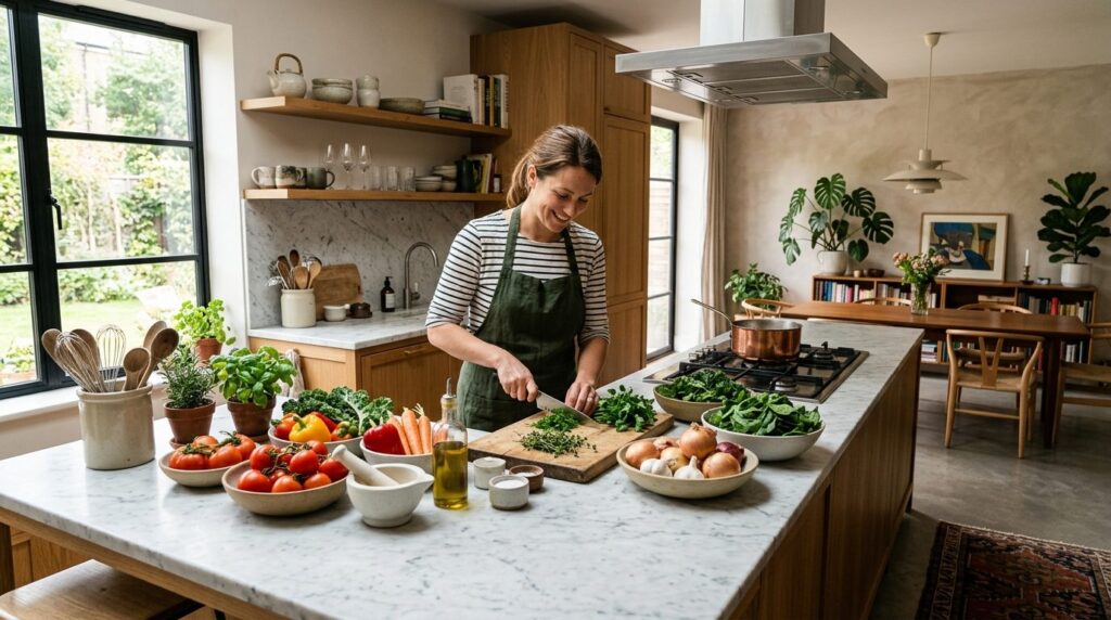 Wide-angle view of a contemporary kitchen workspace with a c