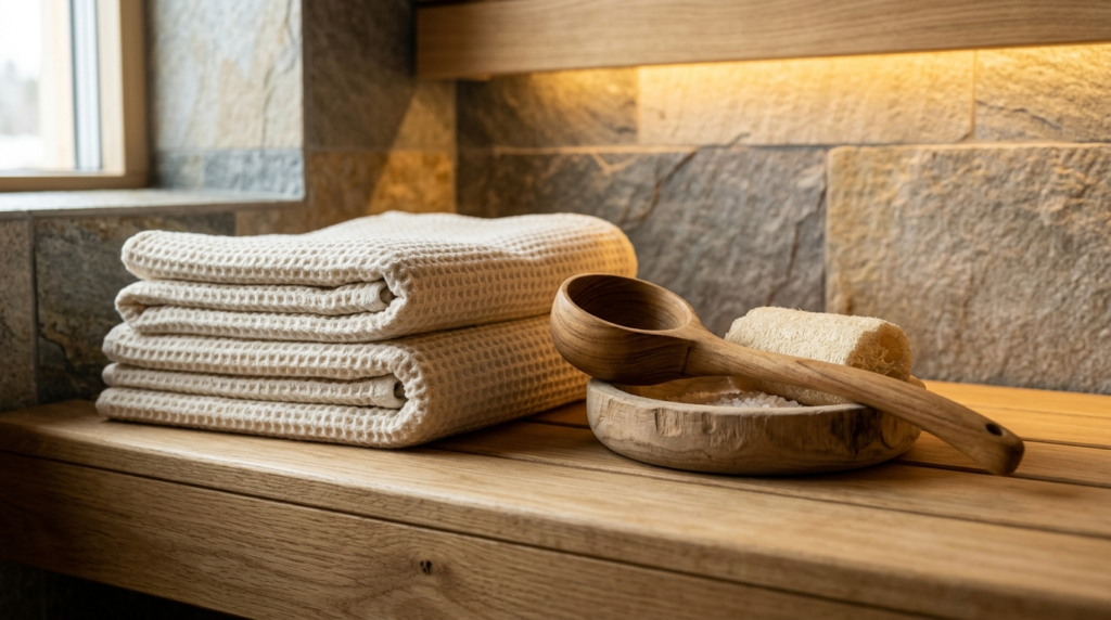 Close-up detail of premium bathhouse materials and textures:
