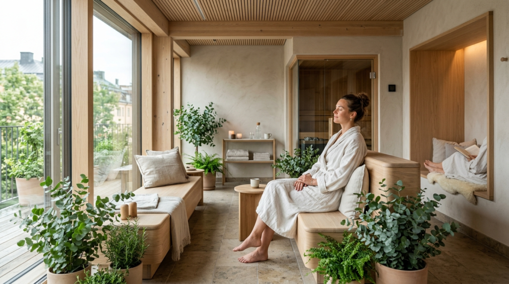 Modern Scandinavian bathhouse relaxation zone with natural l