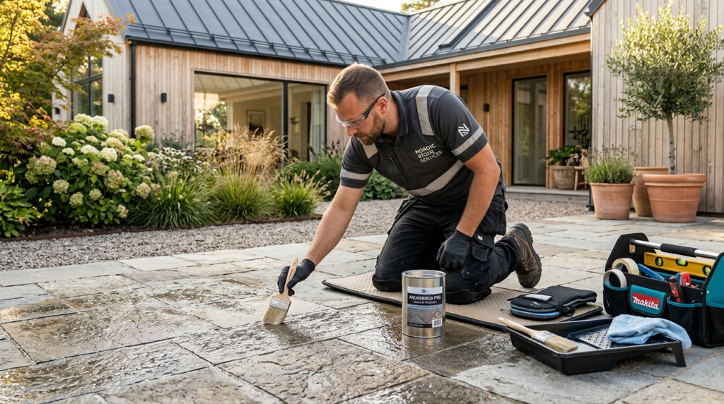Skilled tile professional applying protective sealant coatin