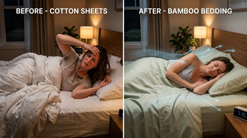 Split-screen lifestyle imagery: left side shows person overh