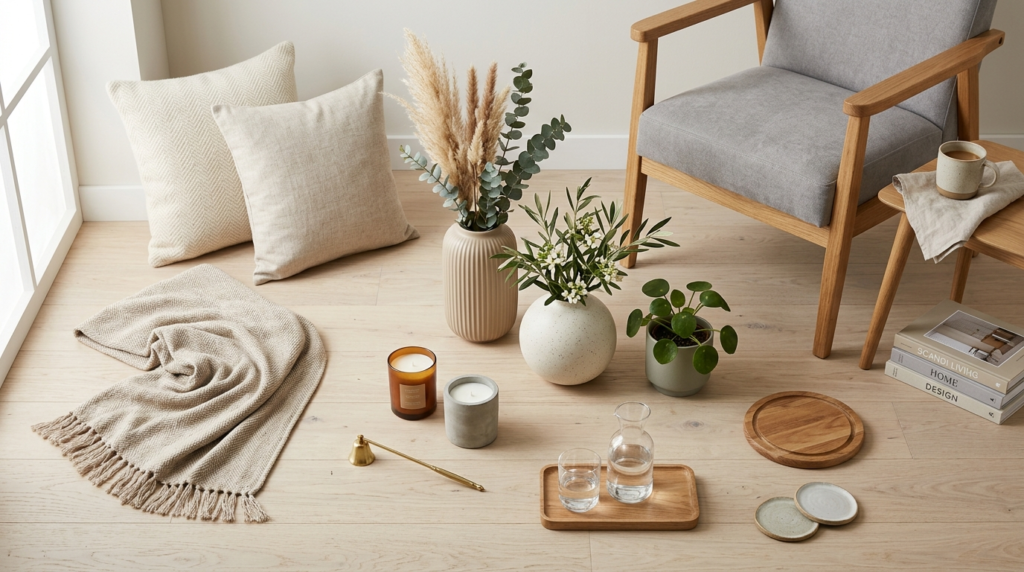 Photorealistic flat-lay composition of curated home and life
