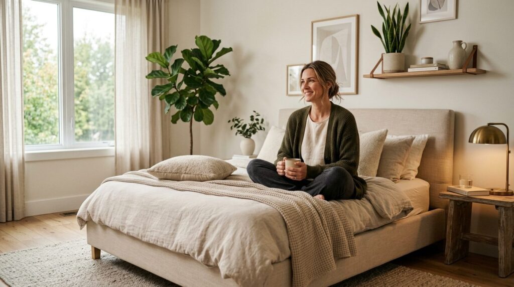 Wide-angle lifestyle shot of a mature woman in her early 40s