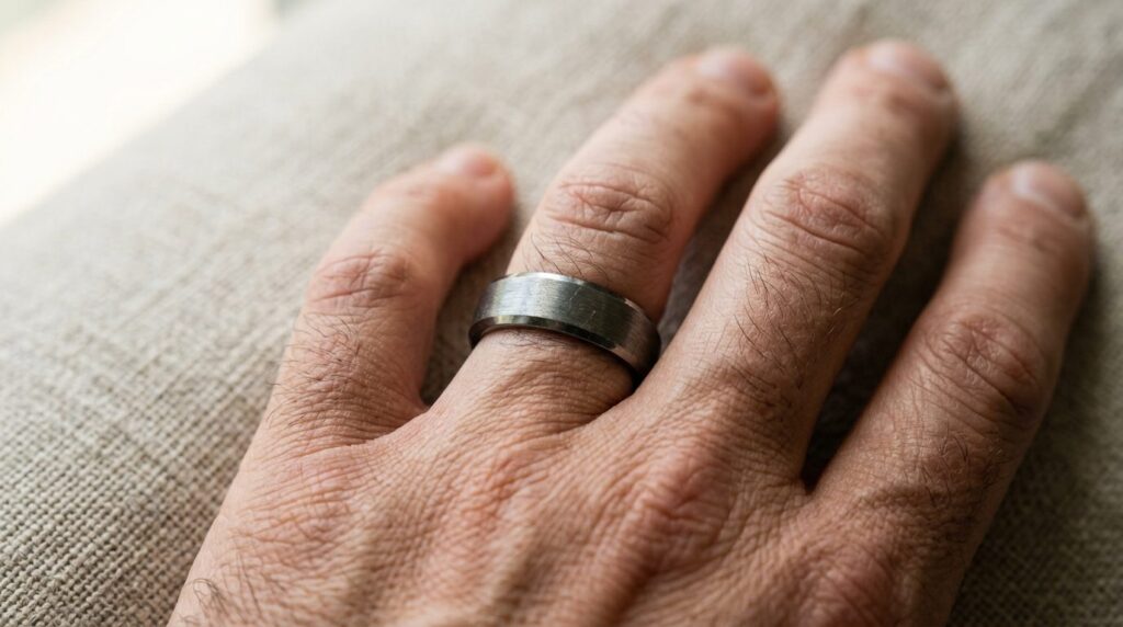 Close-up detail shot of a brushed tungsten wedding ring on a