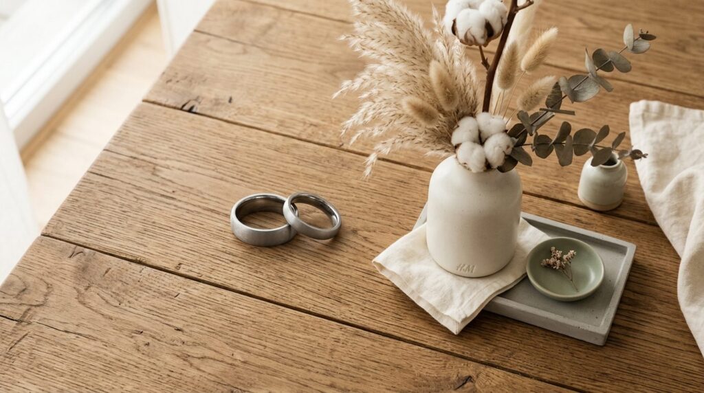 Minimalist lifestyle flat lay of two tungsten wedding rings 