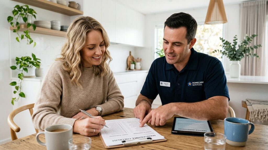 Close-up of a homeowner and property service technician revi