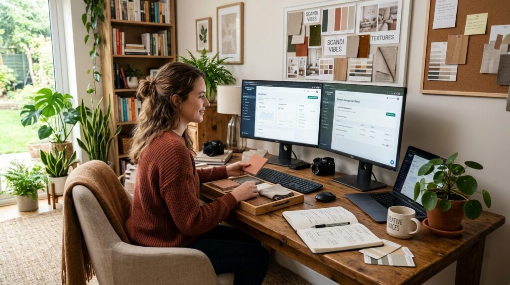 Young female blogger or interior entrepreneur working at des