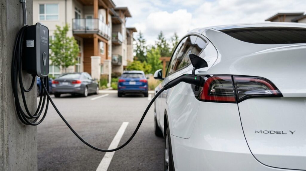 Close-up photograph of a white electric vehicle connected to