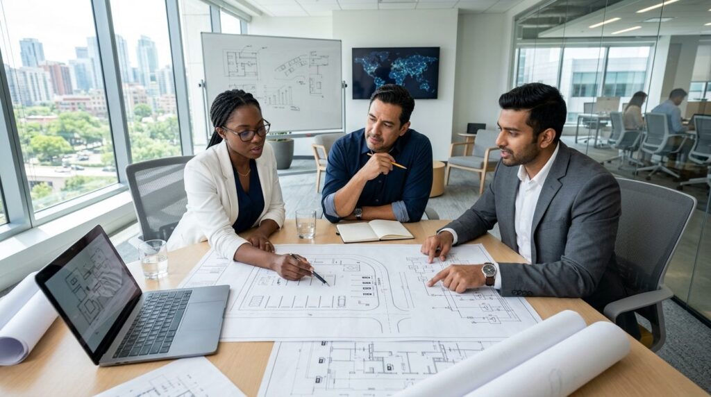 Wide-angle view of a planning meeting in a bright modern off
