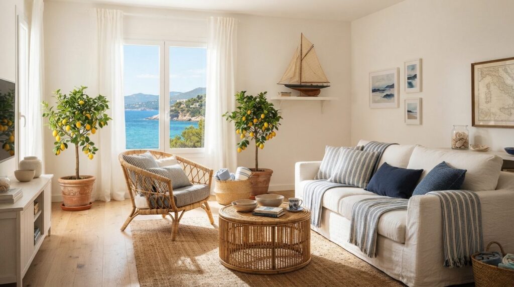 Minimalist Scandinavian living room transformed into a vacat