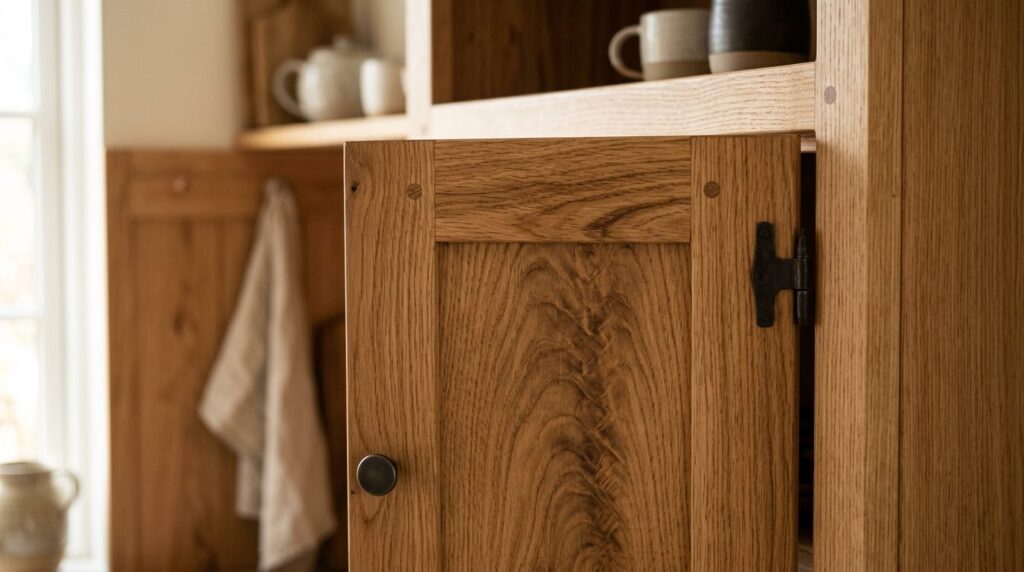 Close-up detail shot of a handcrafted wooden kitchen cabinet