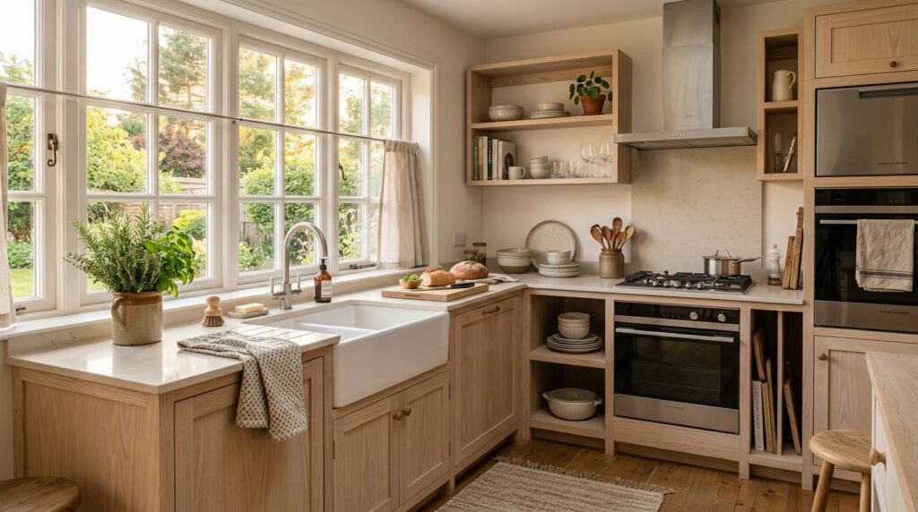 Bright, airy Scandinavian kitchen interior featuring a frame