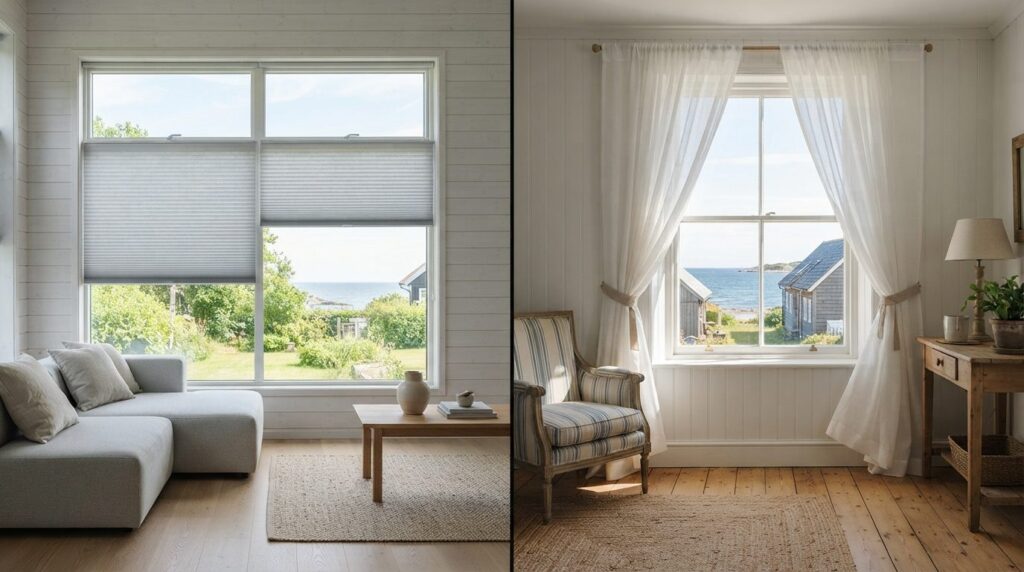 Split-screen comparison interior: left side shows pleated ro