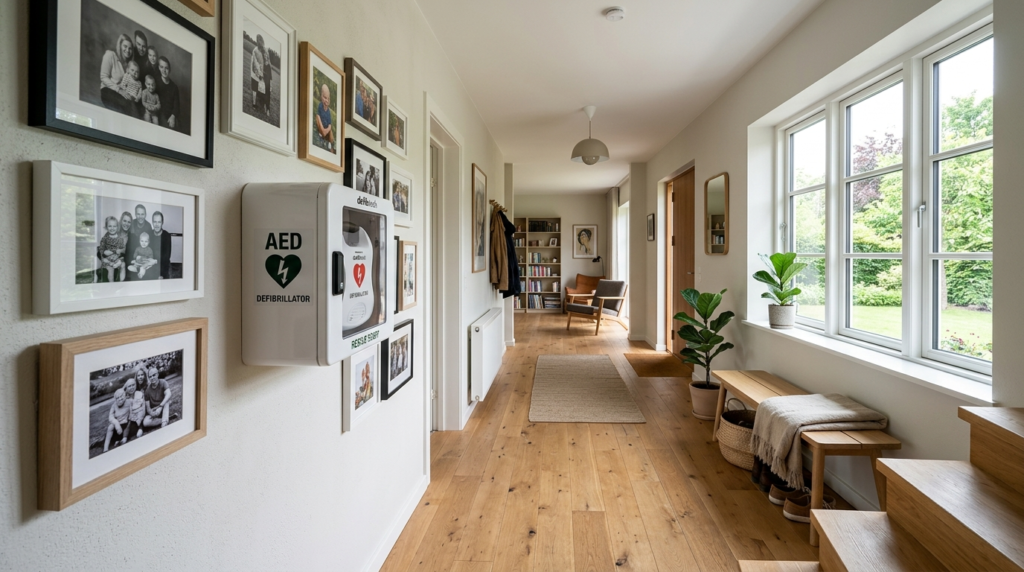 Wide shot of a white wall-mounted AED defibrillator in a bri