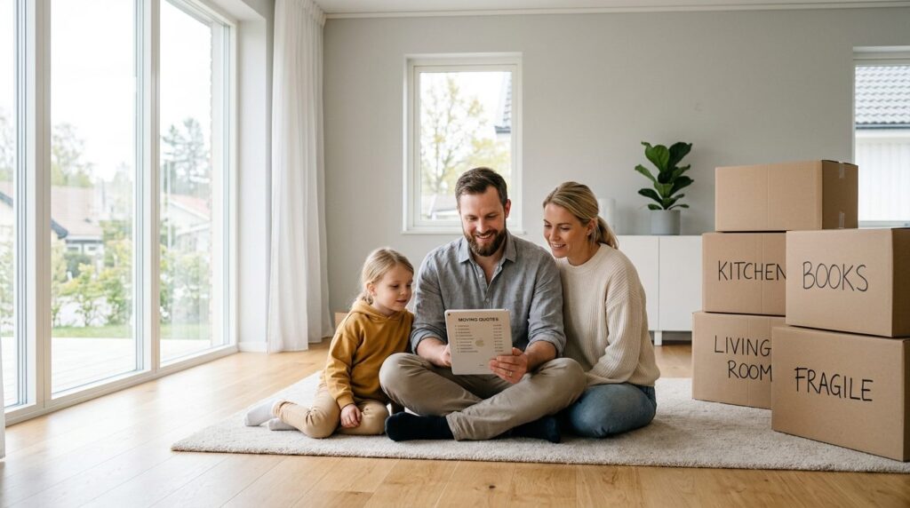 Close-up of a family sitting in an empty living room with fe