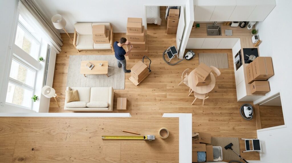 Overhead view of a small residential apartment layout with m