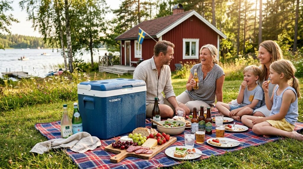 Lifestyle scene of a thermoelectric portable cooler box plac
