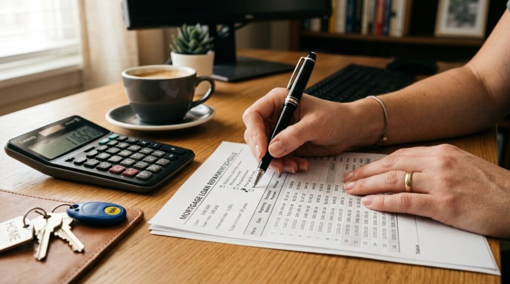 Close-up photorealistic shot of hands holding a pen over a f