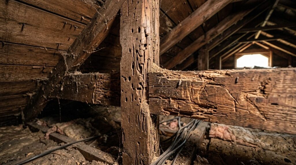 Close-up detailed photograph of attic ceiling and wooden bea