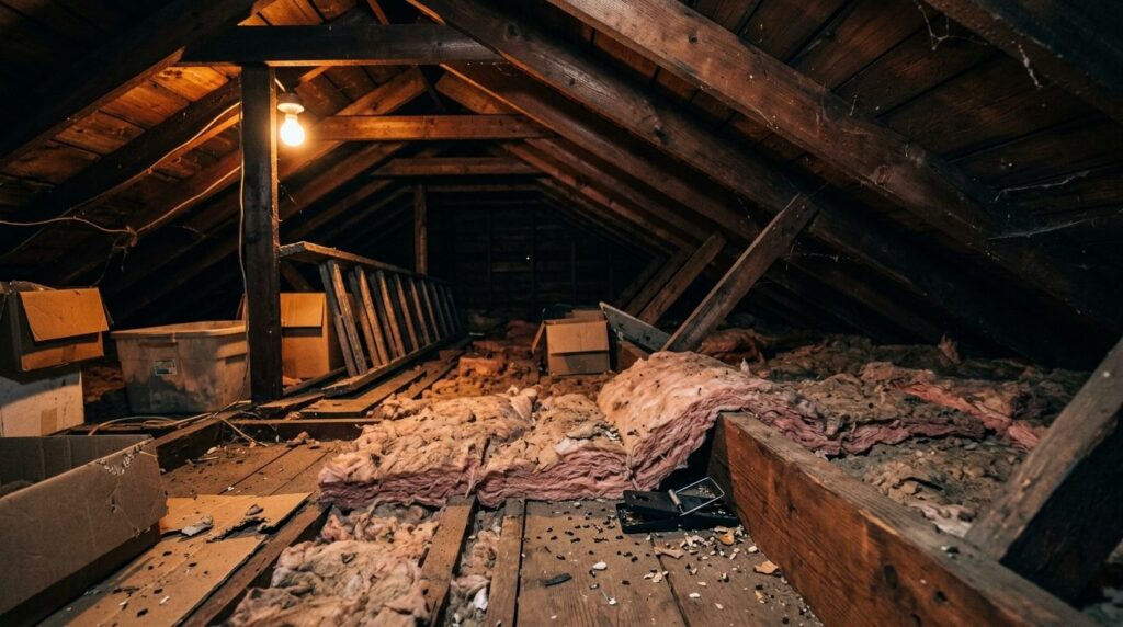 Interior photograph of a dark residential attic space with e
