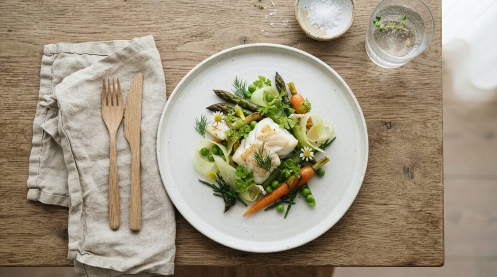 Close-up flat lay of fresh Nordic cuisine on a white ceramic