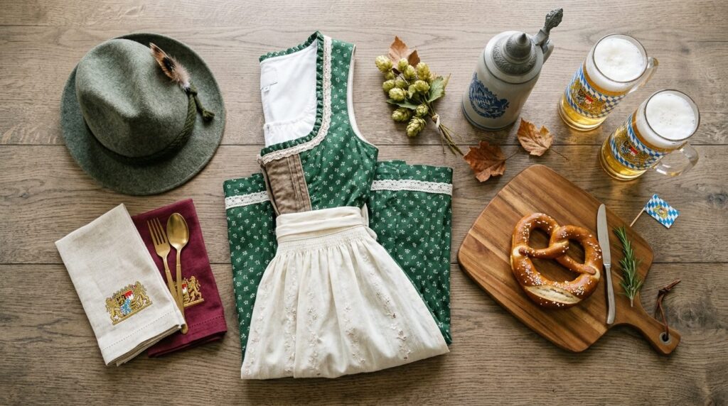 Close-up flat lay photography of an Oktoberfest home enterta