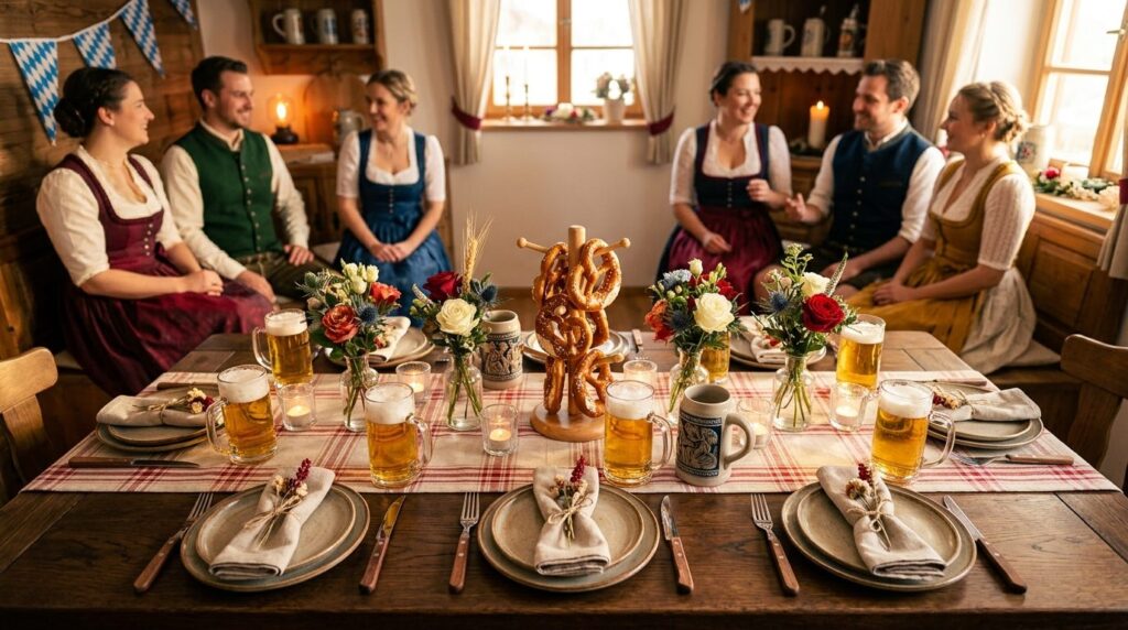 Overhead view of an Oktoberfest-themed dining table setting