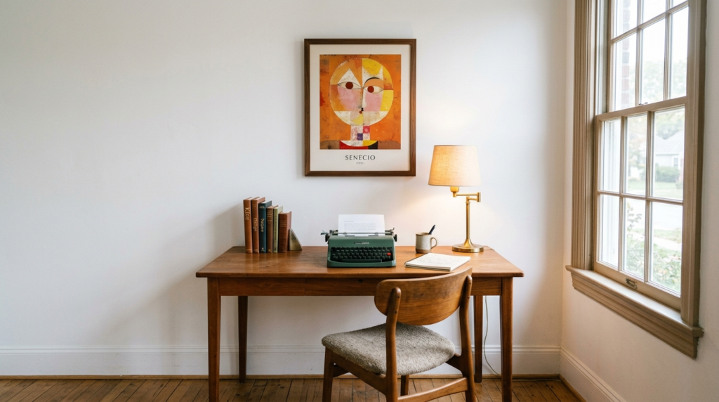 Minimalist home office workspace with a single statement Pau