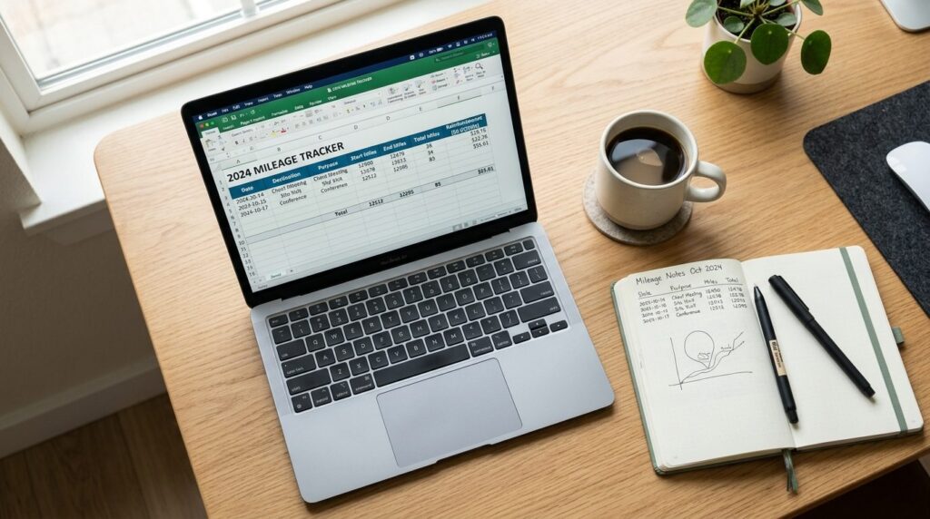 Close-up overhead shot of a minimalist desk workspace with a