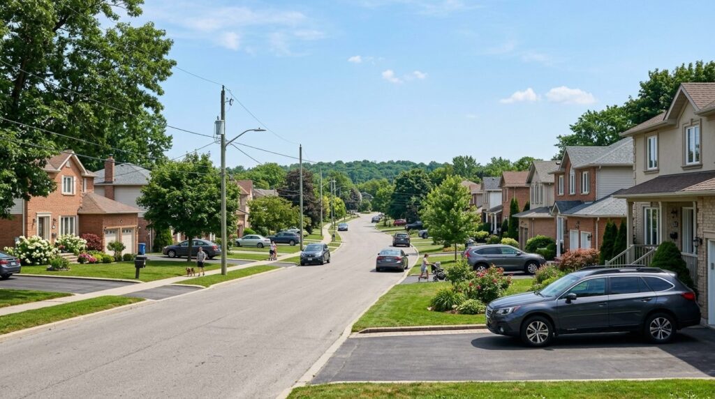 Wide angle view of a suburban residential street with detach