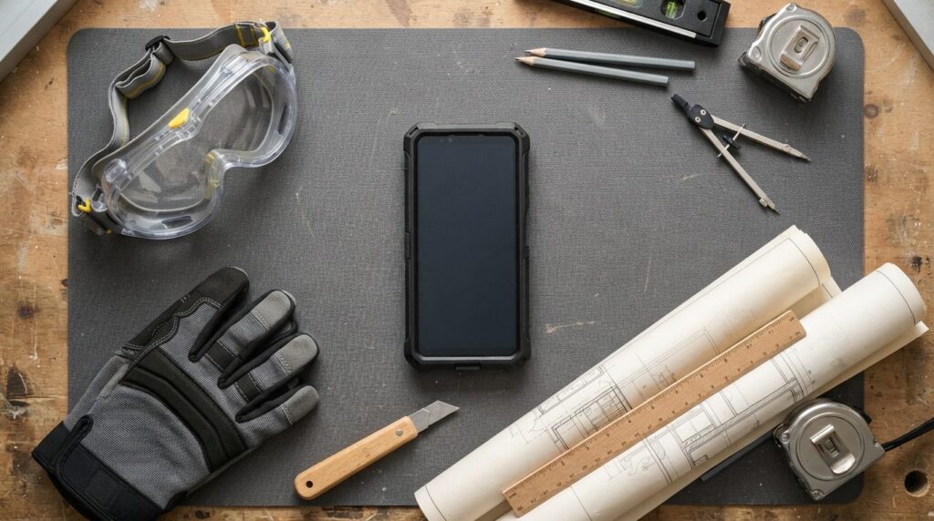 Flat lay composition showing a smartphone in protective case
