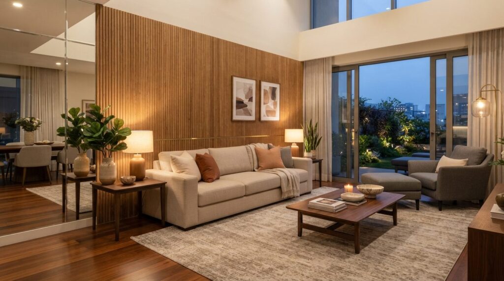 Elegant living room featuring a large textured wooden wall p