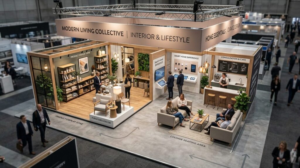 Aerial view of a contemporary exhibition booth for interior 